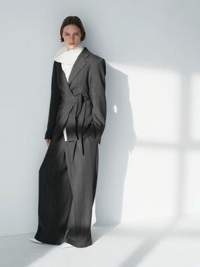 Dark gray suit with a belted, wrap-style blazer (SMALL) & wide-leg pants (10)